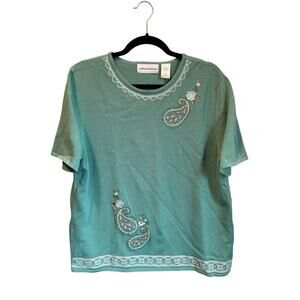 Alfred Dunner Teal Paisley Embroidered Knit Top L Short Sleeve